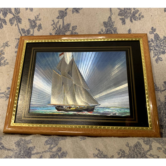 Vintage Framed Foil Art Print of Ship - Picture 2 of 10